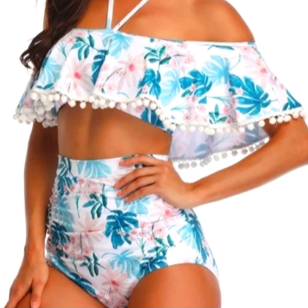 Tropical Floral Off Shoulder Halter Bikini Set Size M NIP